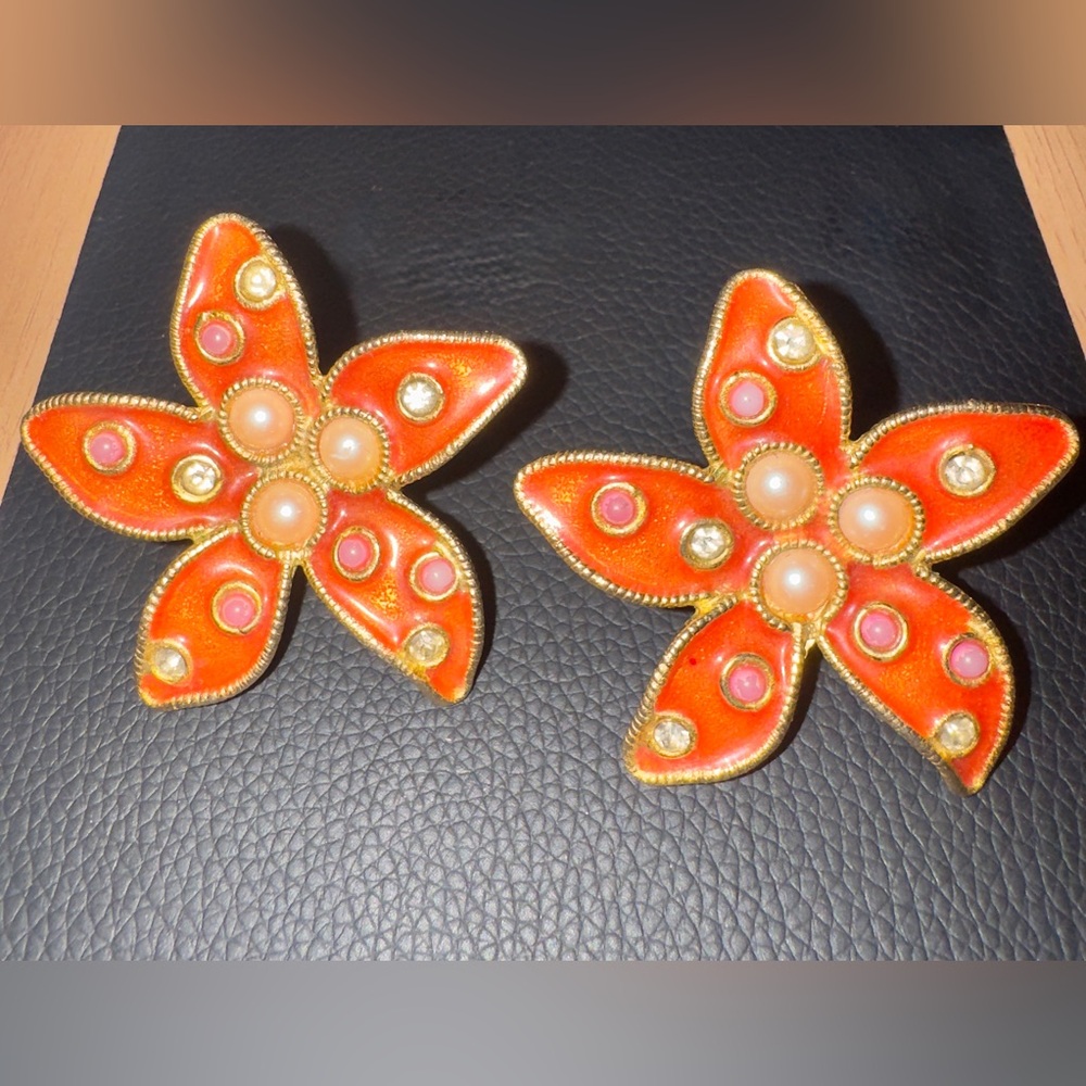 Yosca Vintage Late 1980’s Earrings - Orange & Gold Enamel with Faux Pearls